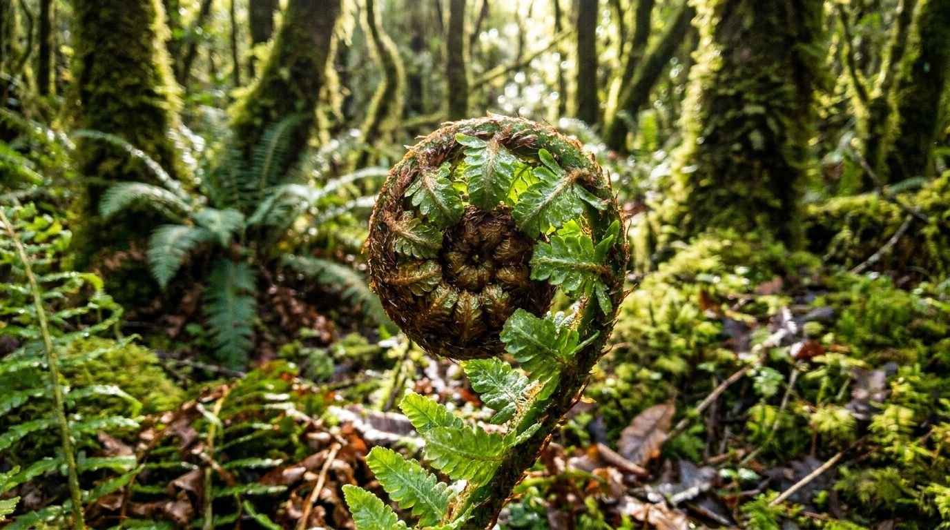 A fern frond unfurling in a lush green mossy forest
