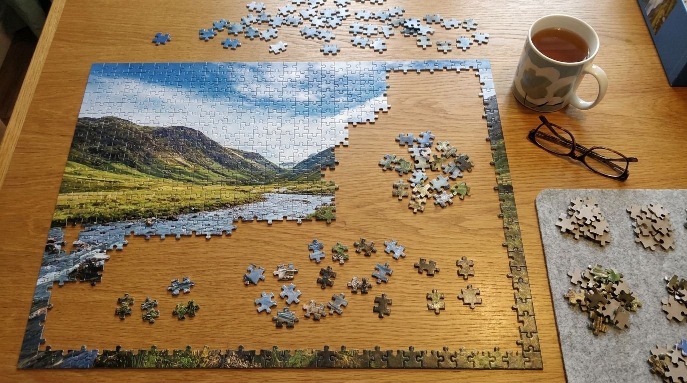 A partly completed landscape jigsaw puzzle on a table with loose pieces, a mug of tea and glasses