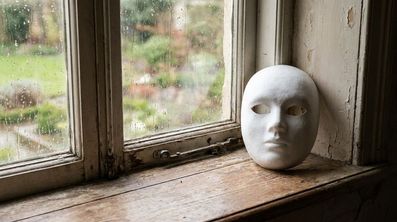 A plain white mask resting on a weathered windowsill beside a rain-streaked window