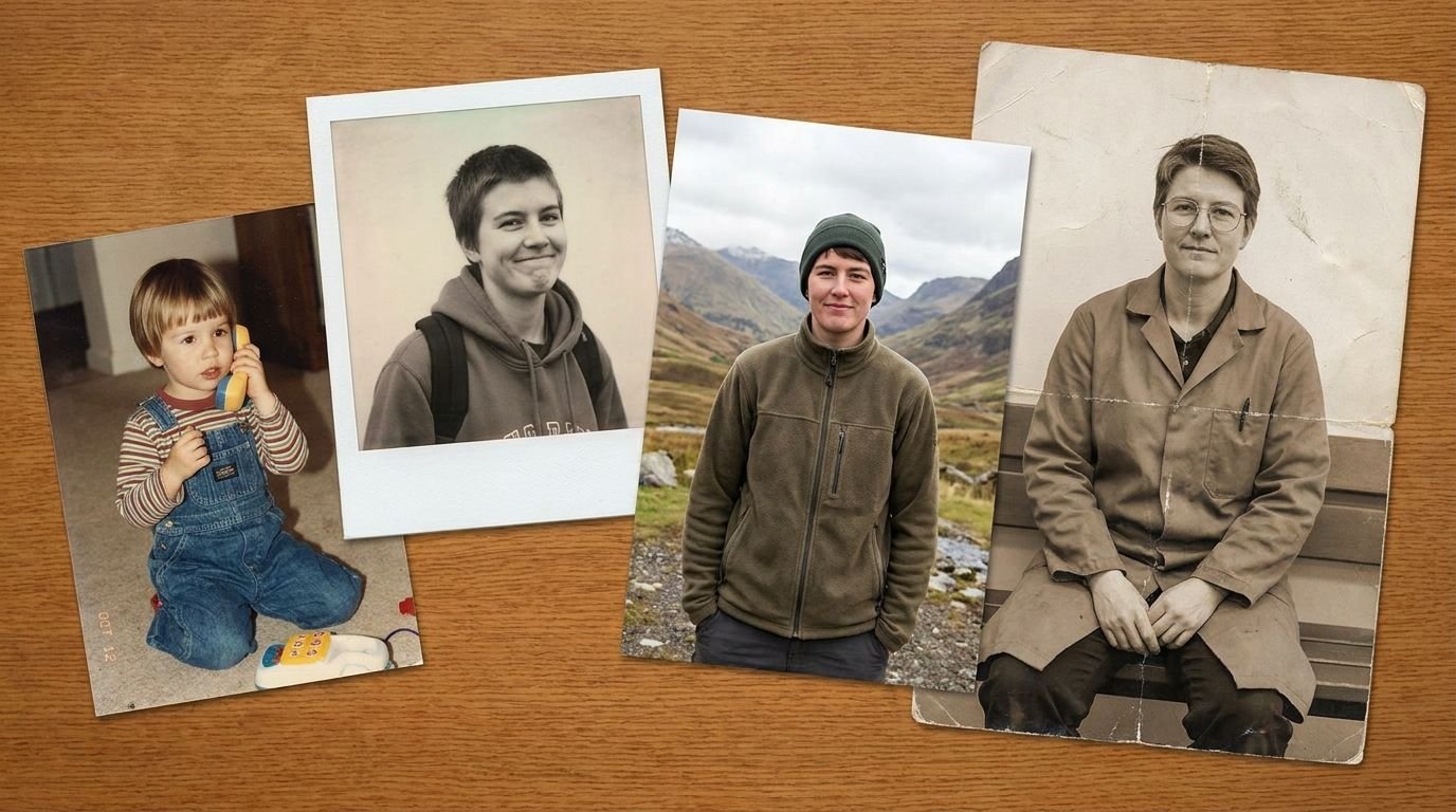 Four photographs of the same person from childhood to adulthood arranged on a wooden table