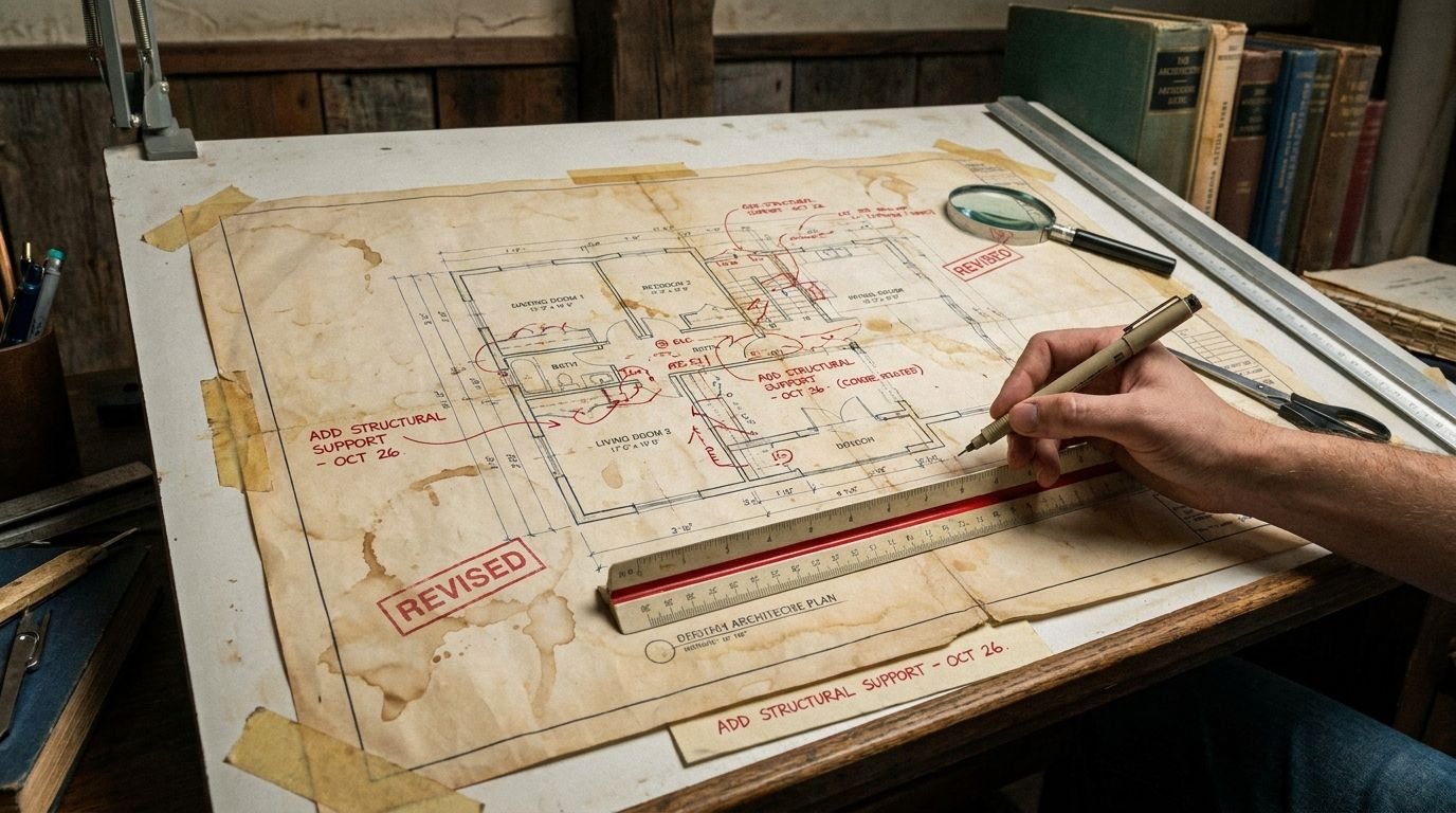 An old architectural house plan on worn paper marked with red revisions, a hand drawing with a ruler