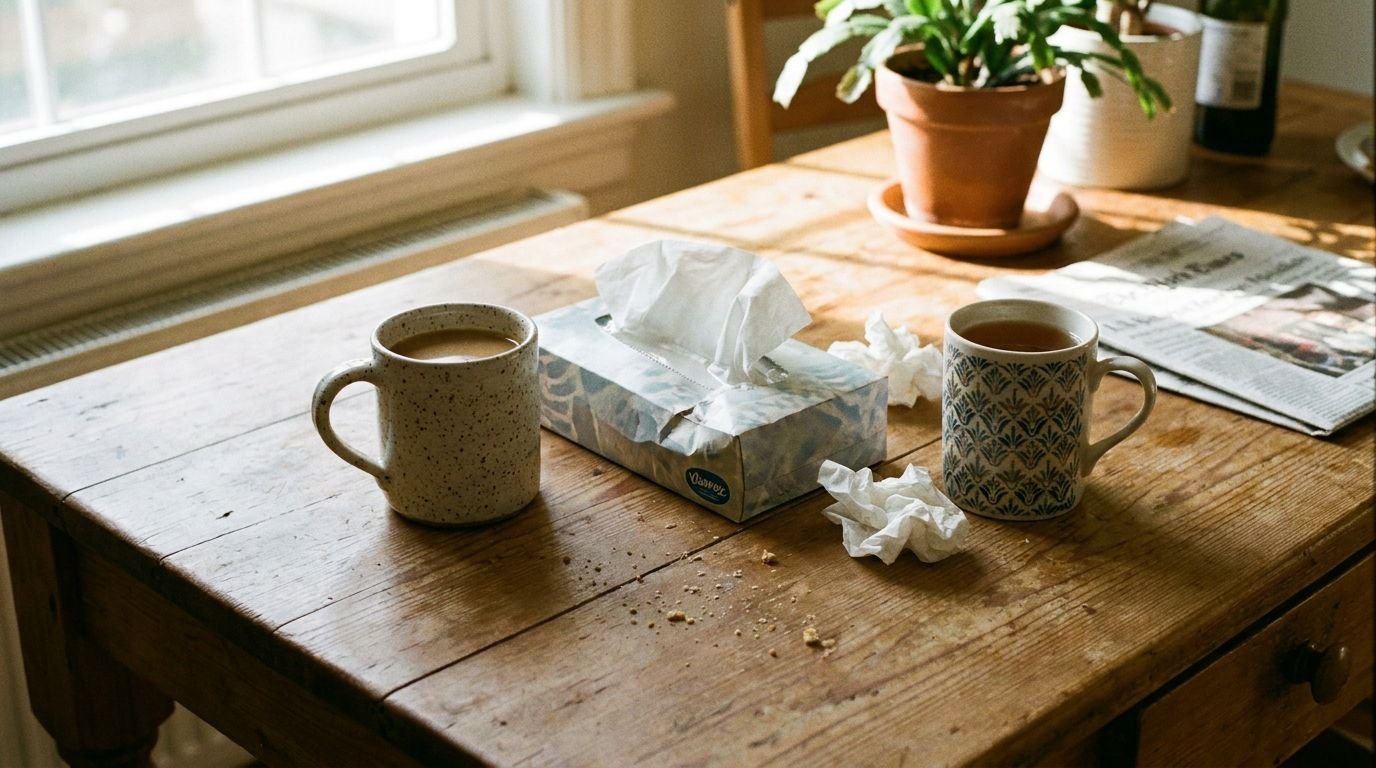 Two mugs of tea and a box of tissues on a sunlit wooden table by a window