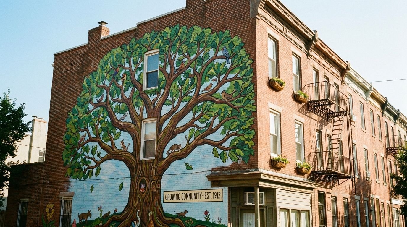 A community tree mural reading Growing Community Est. 1912 on a brick rowhouse wall
