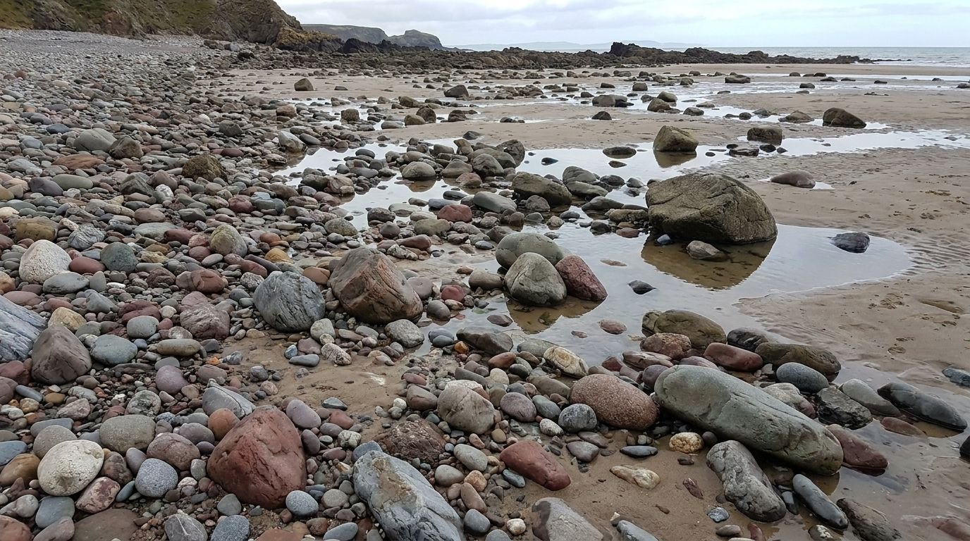 Smooth stones of many sizes and colors on a sandy beach with tide pools